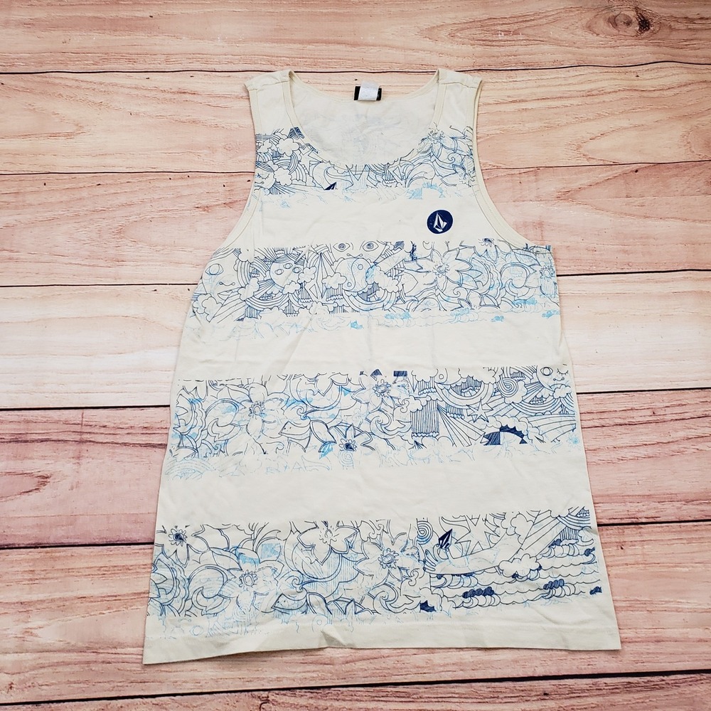 VINTAGE Volcom Shirt Mens Medium‎ Off White Blue Tank Surf Surfing Skate Adult